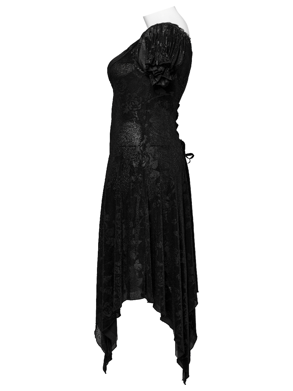 Gothic floral black velvet dress for women with asymmetrical hem and lace-trimmed neckline, perfect for elegant dark fashion.