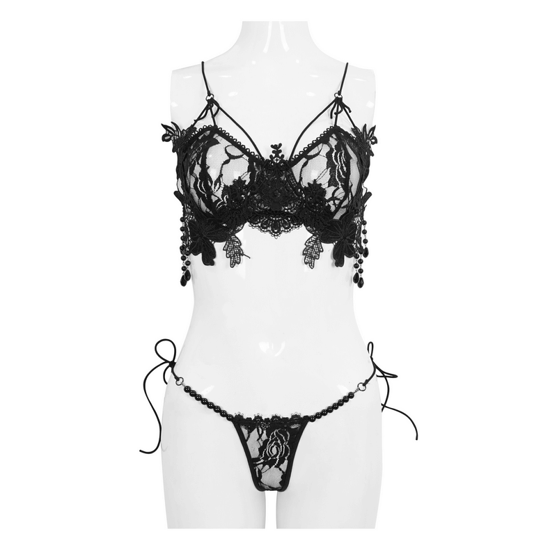 Women's gothic black floral lace lingerie set with cross straps and beading, perfect for a sexy wardrobe upgrade.