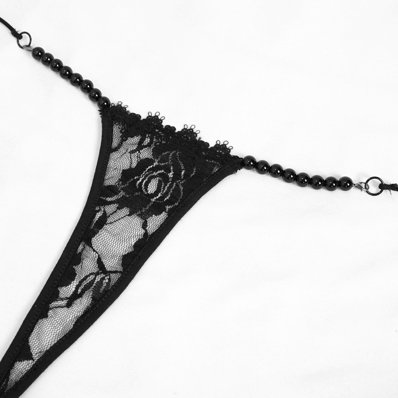 Women's sexy black lace lingerie set with floral design and beaded accents, perfect for gothic style allure.