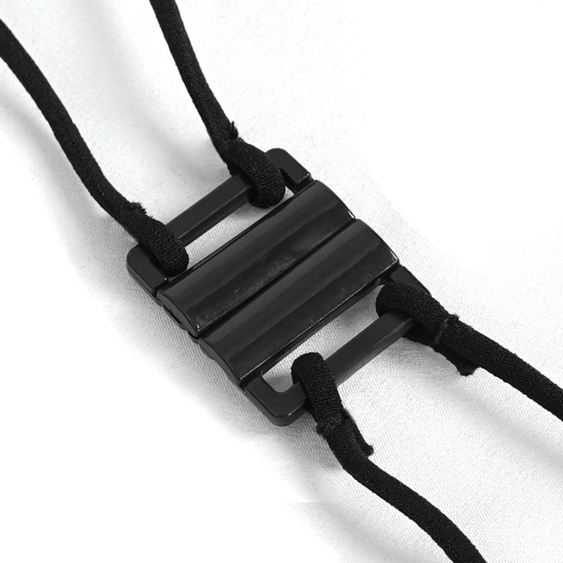 Close-up of a black lingerie clasp showcasing elegant cross straps, perfect for gothic floral lace lingerie.