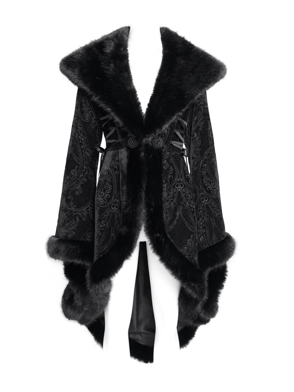 Elegant black fur-trimmed coat with lace-up waist and paisley patterns for a vintage Gothic look.