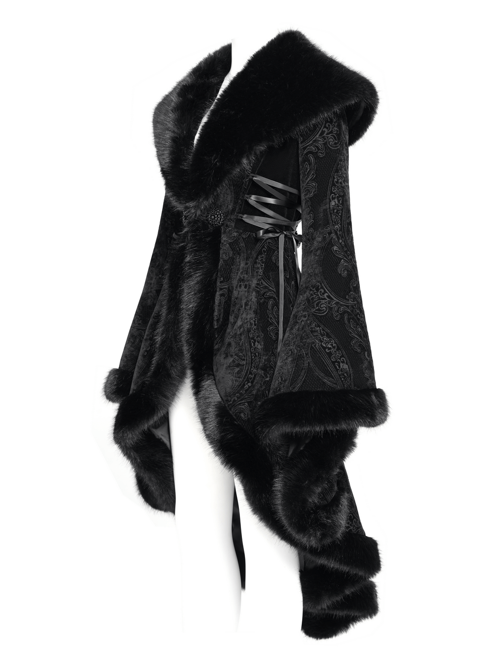 Women's black fur-trimmed coat with lace-up waist and paisley patterns, perfect for elegant Gothic winter events.