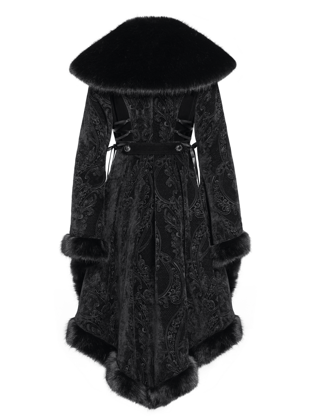 Elegant black coat with fur collar and lace-up waist, featuring intricate paisley patterns and a dramatic high-low cut.