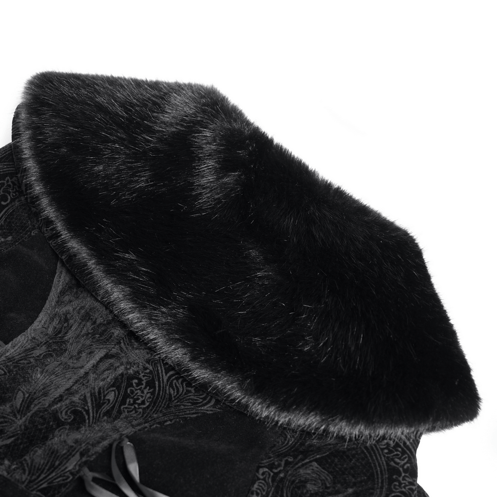 Close-up of luxurious black fur-trimmed collar on an elegant Gothic coat with intricate paisley patterns.