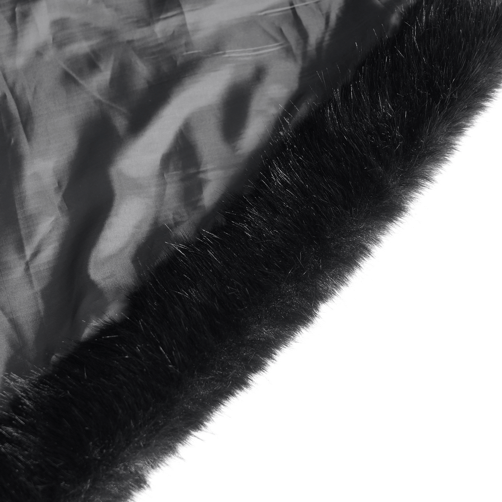 Close-up of luxurious black fur trim on elegant coat, showcasing soft texture and sophisticated design details.