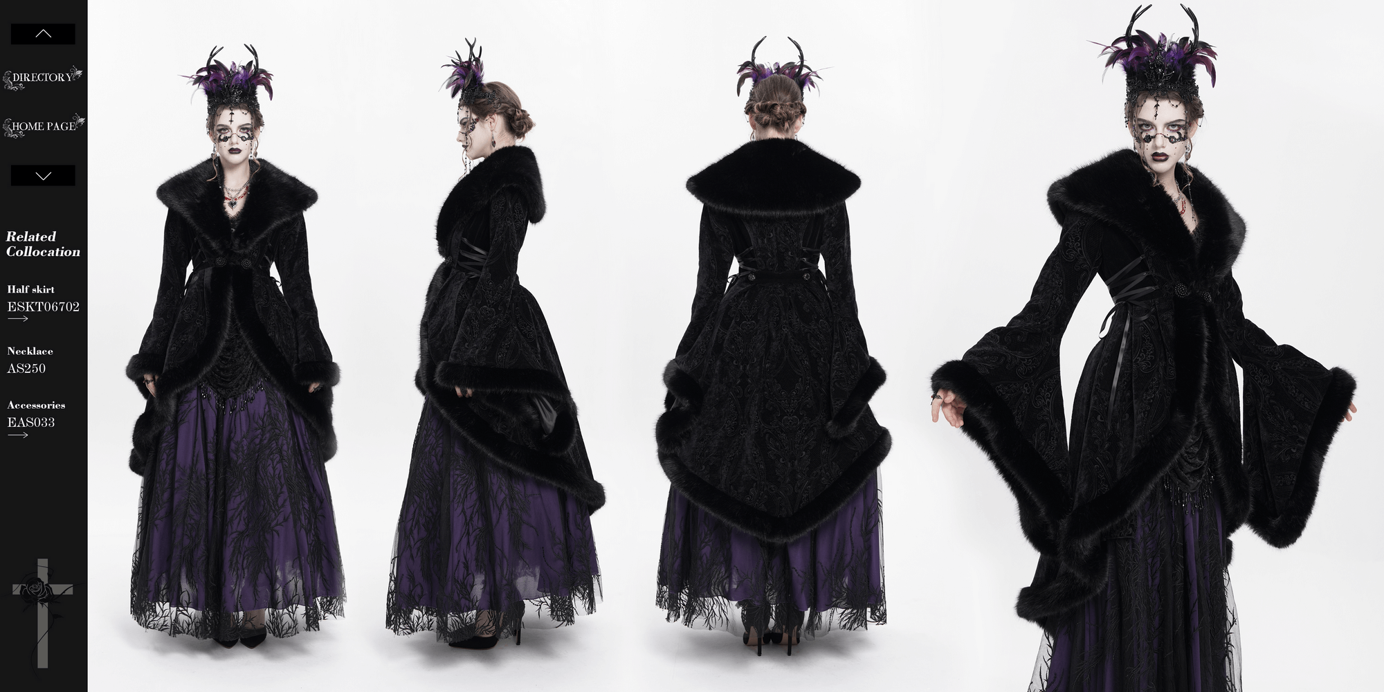 Elegant women's gothic coat with fur collar, lace-up waist, and intricate paisley patterns for a dramatic silhouette.