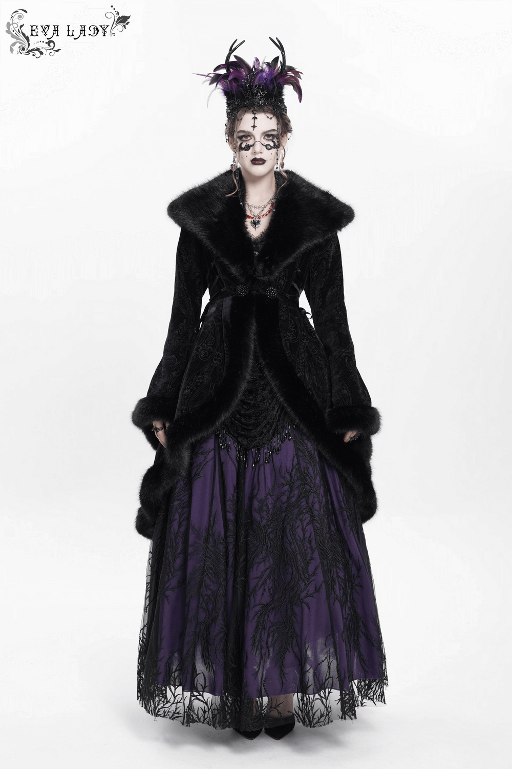 Elegant vintage Gothic coat with fur trim and lace-up waist, paired with a dramatic purple skirt, perfect for winter events.