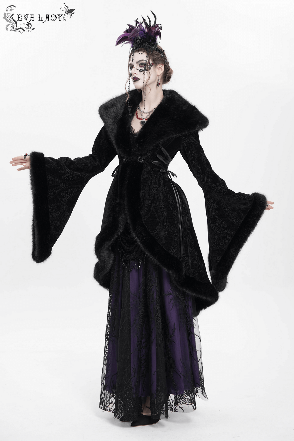 Gothic women's fur-trimmed coat with lace-up waist, black satin ribbons, and elegant paisley patterns, perfect for winter events.