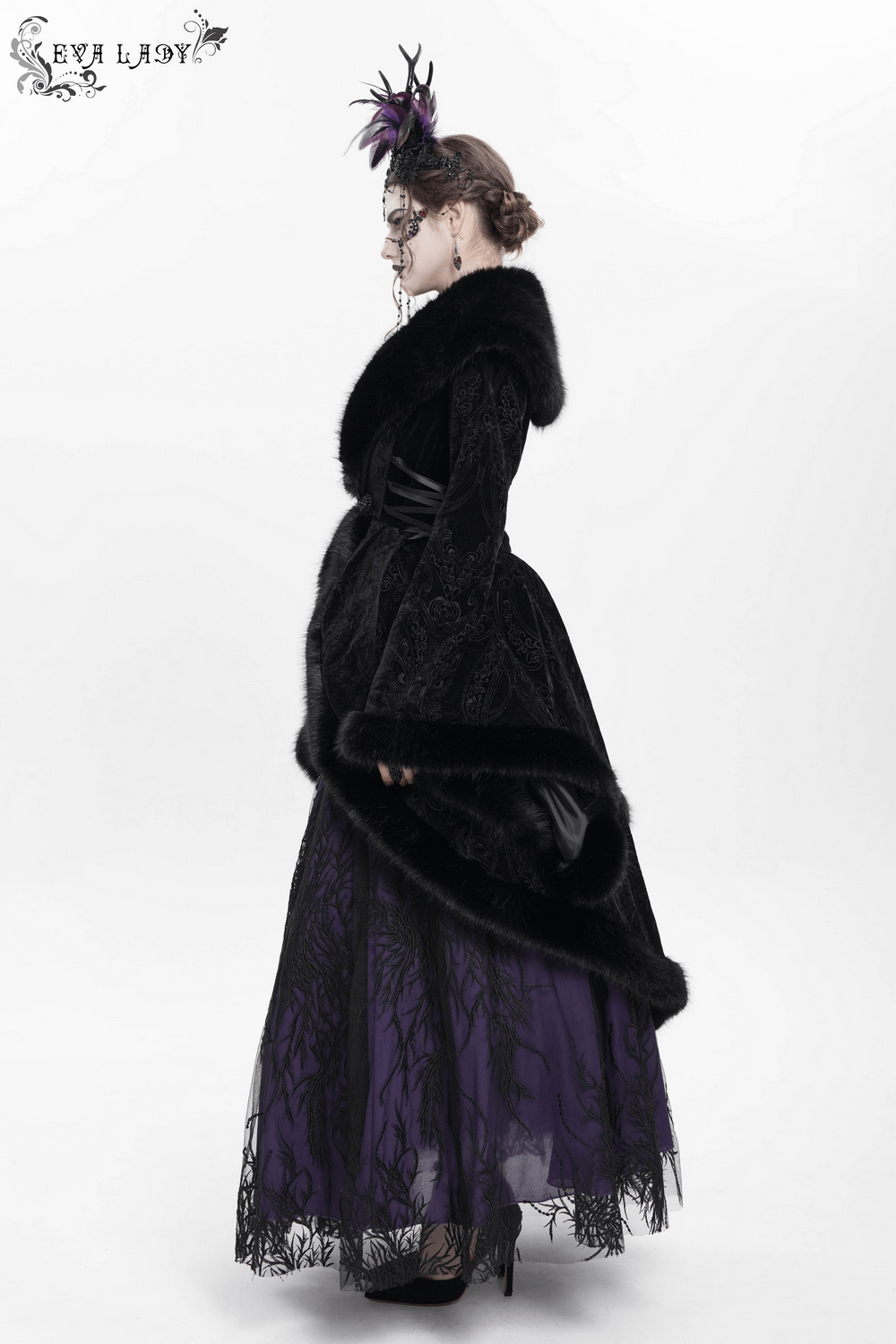 Elegant black fur-trimmed coat with satin ribbons and lace-up waist, showcasing vintage Gothic style.
