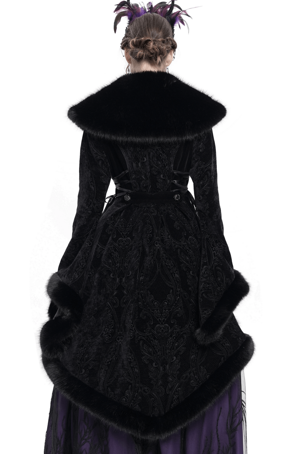 Elegant black Gothic coat with fur collar and lace-up waist, featuring a flowing high-low cut and intricate paisley design.