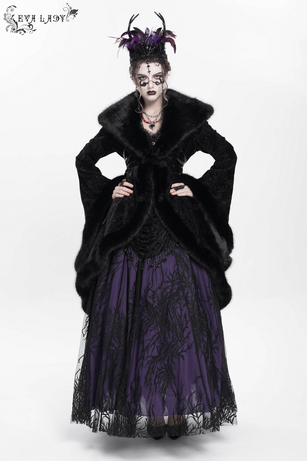 Elegant woman in a black fur-trimmed Gothic coat with purple skirt and dramatic makeup.