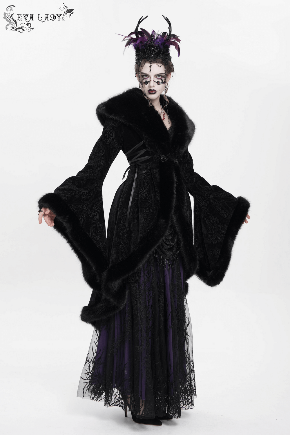 Elegant black coat with fur trim and lace-up waist, featuring a dramatic vintage Gothic style.