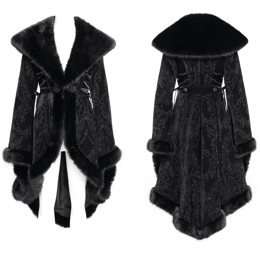 Elegant black women's fur-trimmed coat with lace-up waist and high-low cut, featuring intricate paisley patterns.