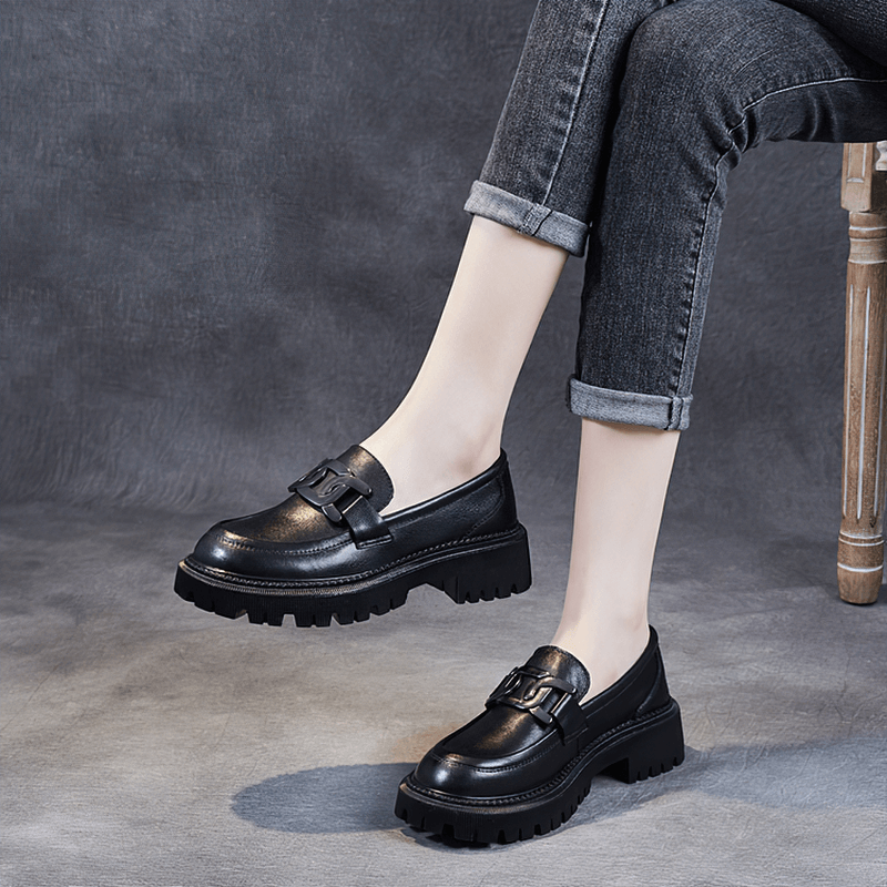 Women's Genuine Leather Thick Heel Loafers With Metal Decoration / Platform Casual Shoes - HARD'N'HEAVY