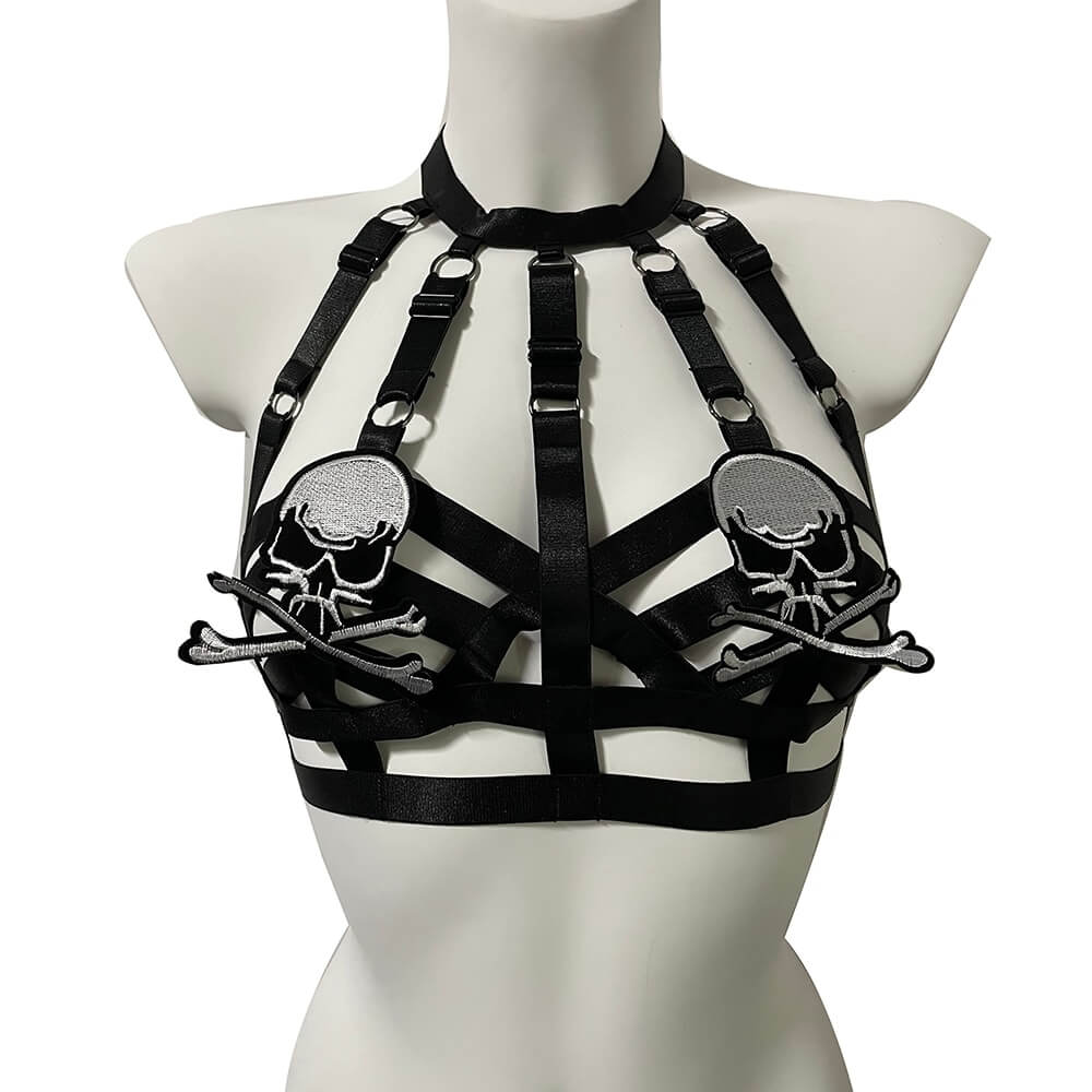 Women's Goth Bondage / Sexy Elastic Harness Bra with Skull Embroidery Patches - HARD'N'HEAVY