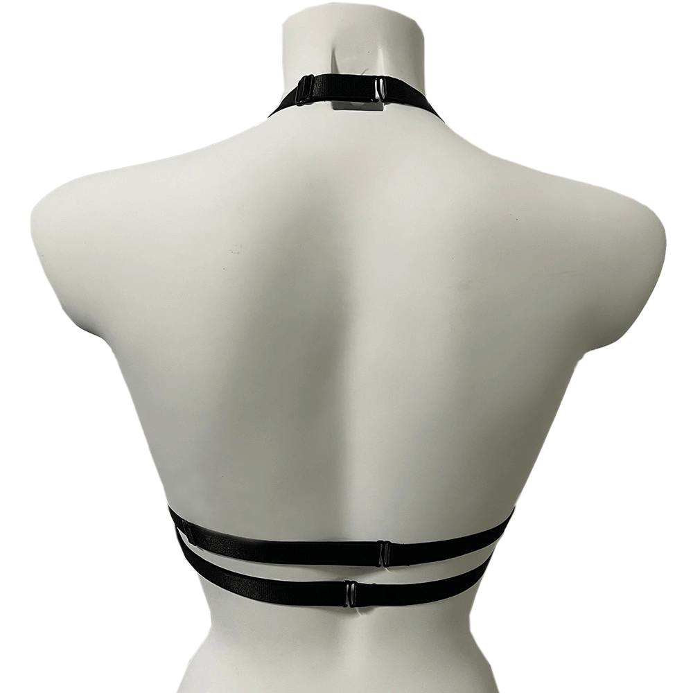 Back view of a women's goth bondage elastic harness bra, showcasing adjustable straps and sleek black design.