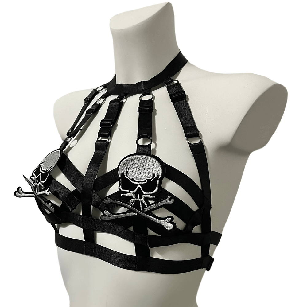 Stylish women's goth bondage harness bra with skull embroidery patches, perfect for daring outfits.