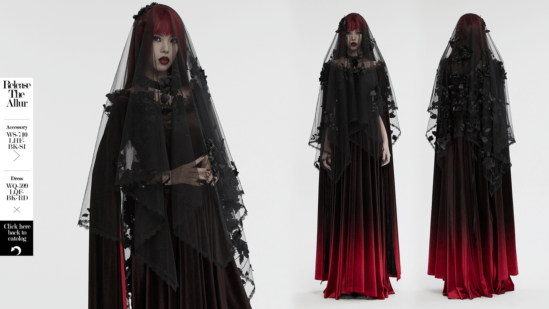 Women's gothic 3D floral mesh veil with lace, styled elegantly with a dramatic black gown and red accents.