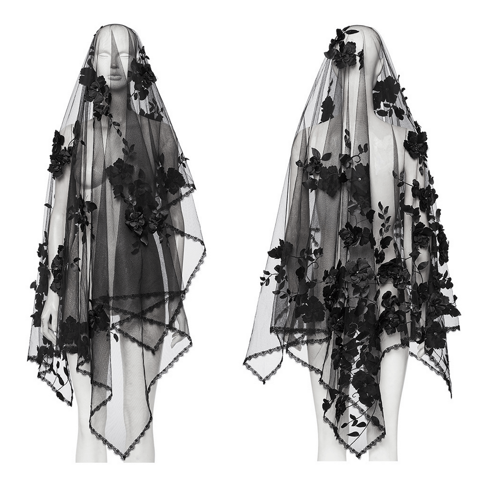 Gothic women's 3D floral mesh veil with lace edges, featuring black flowers for a dramatic look.