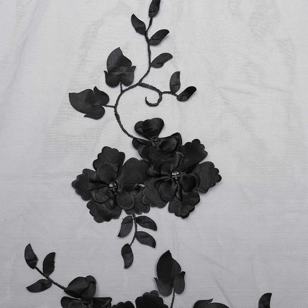 Intricate black 3D floral details on a delicate mesh veil, showcasing gothic elegance and lace accents.