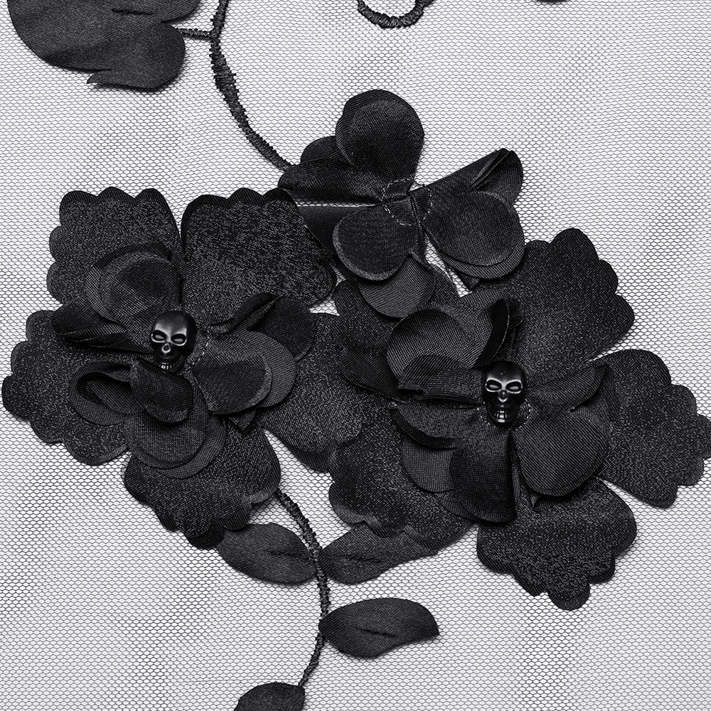 Black 3D floral mesh detail with skull accents, perfect for gothic styles and dark elegance.