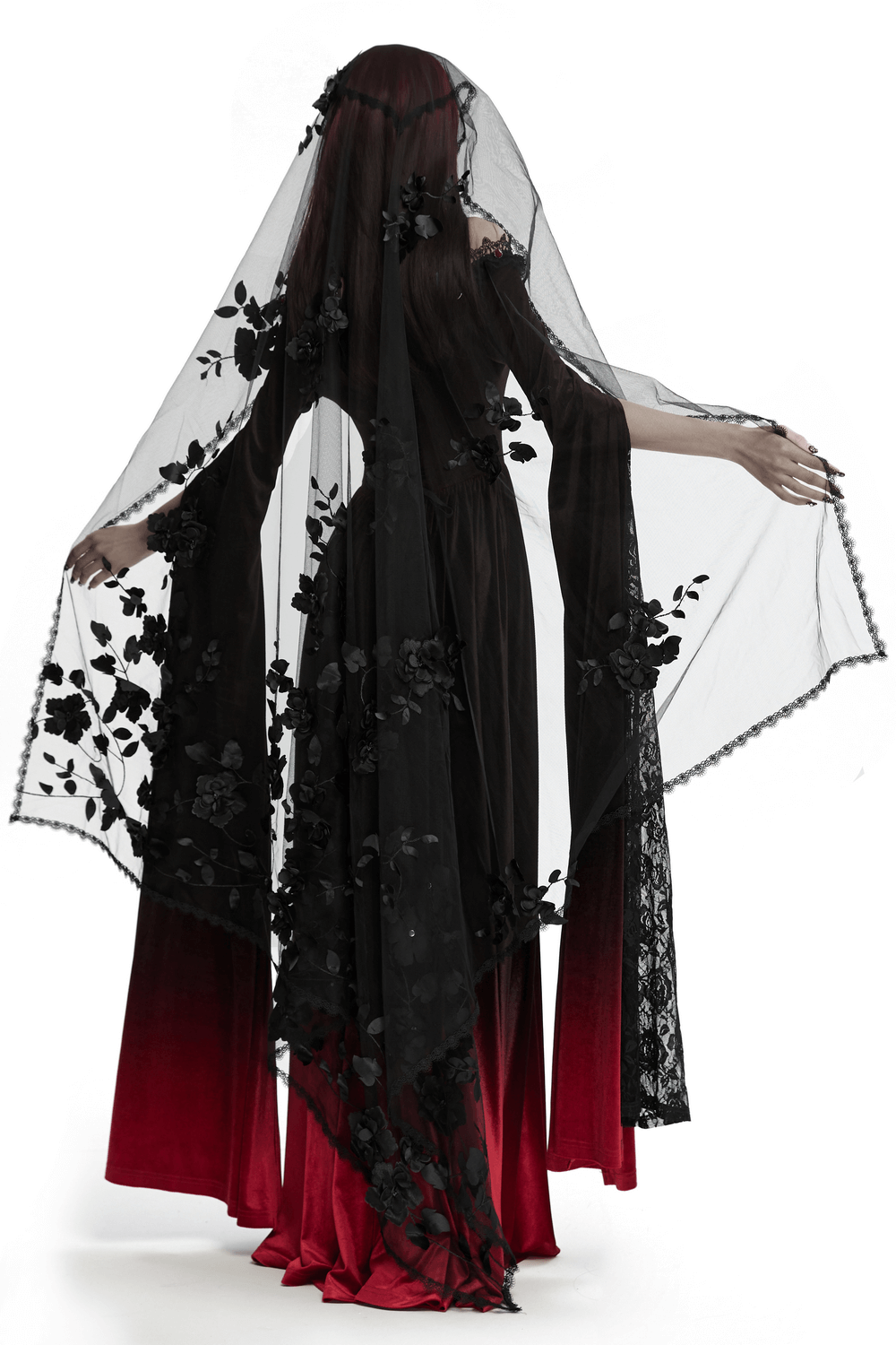 Elegant women's gothic 3D floral mesh veil with lace details, adding dark charm to any outfit.