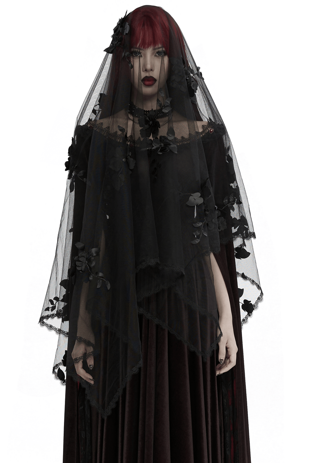 Women's Gothic 3D Floral Mesh Veil with Lace Details, featuring black flowers and an elegant silhouette.