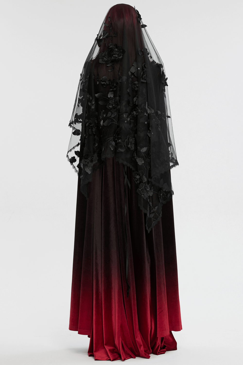 Women's Gothic 3D floral mesh veil with lace, worn over a long red ombre dress, creating a dramatic look.