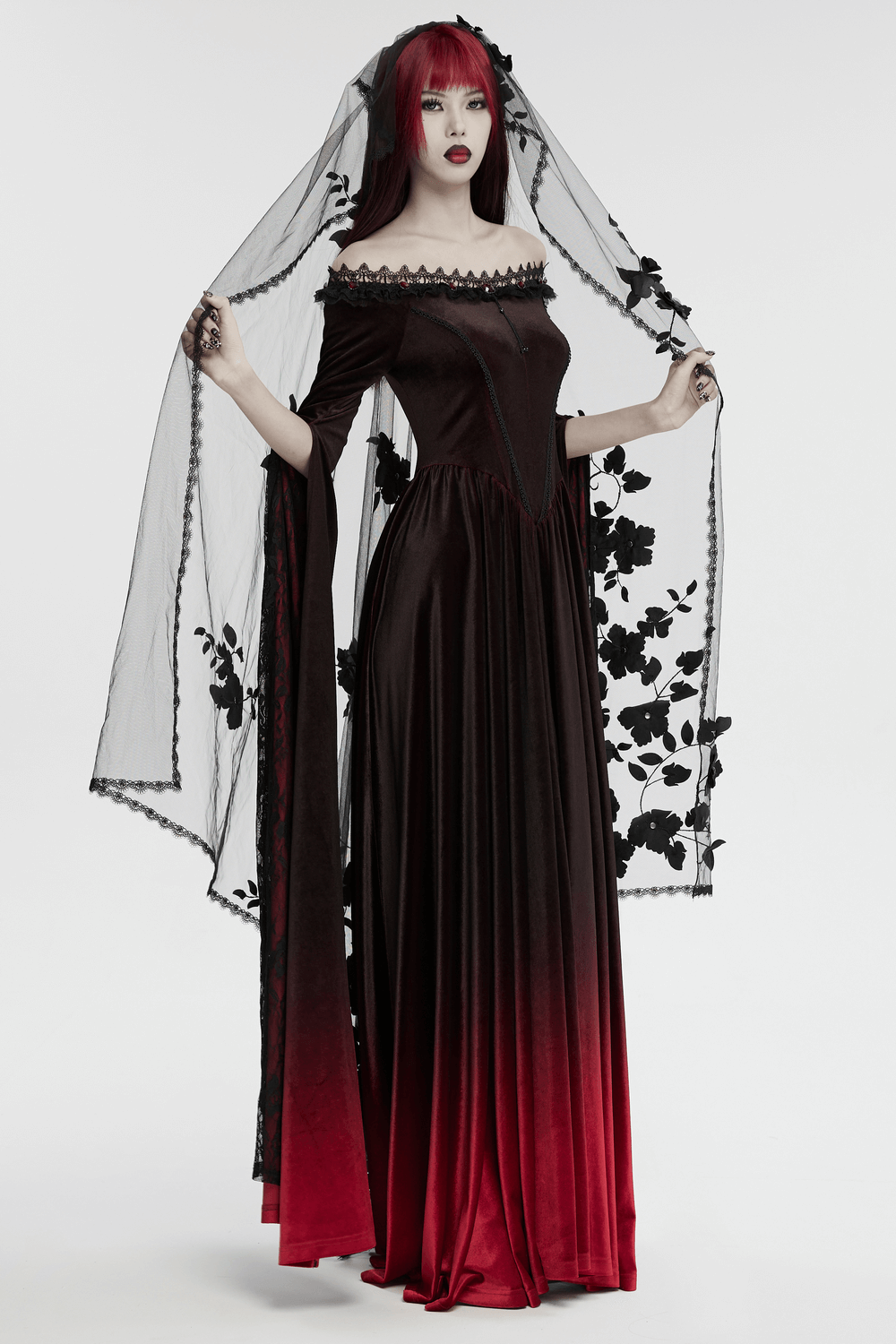 Gothic woman in dark red gown wearing a lace-trimmed black 3D floral veil, exuding dark elegance and dramatic beauty.