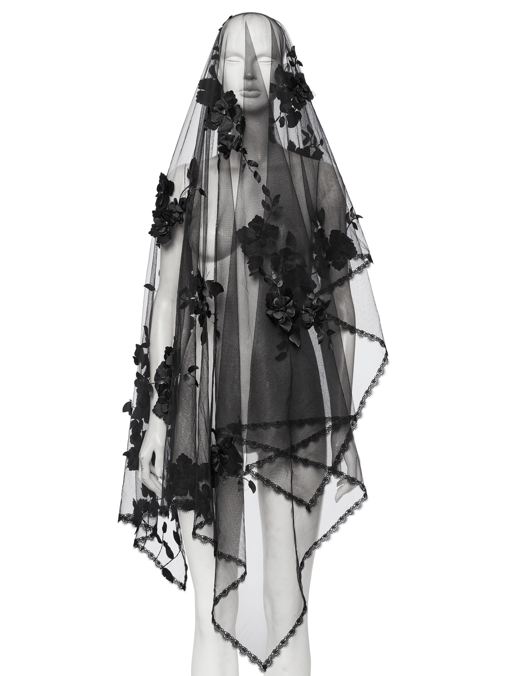 Women's Gothic 3D Floral Mesh Veil in Black with Lace Edges for Dark Elegance Style