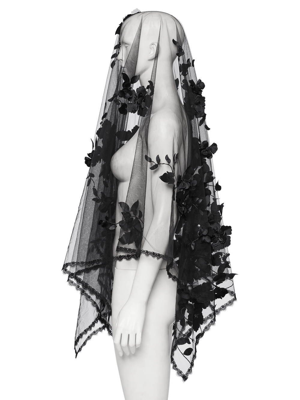 Women's Gothic Black 3D Floral Mesh Veil with Lace Edges, featuring a dramatic floral design for elegant ensembles.