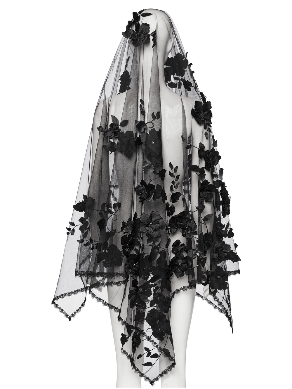 Women's Gothic 3D Floral Mesh Veil with Lace Details, elegant black veil with flower accents for a dramatic look.