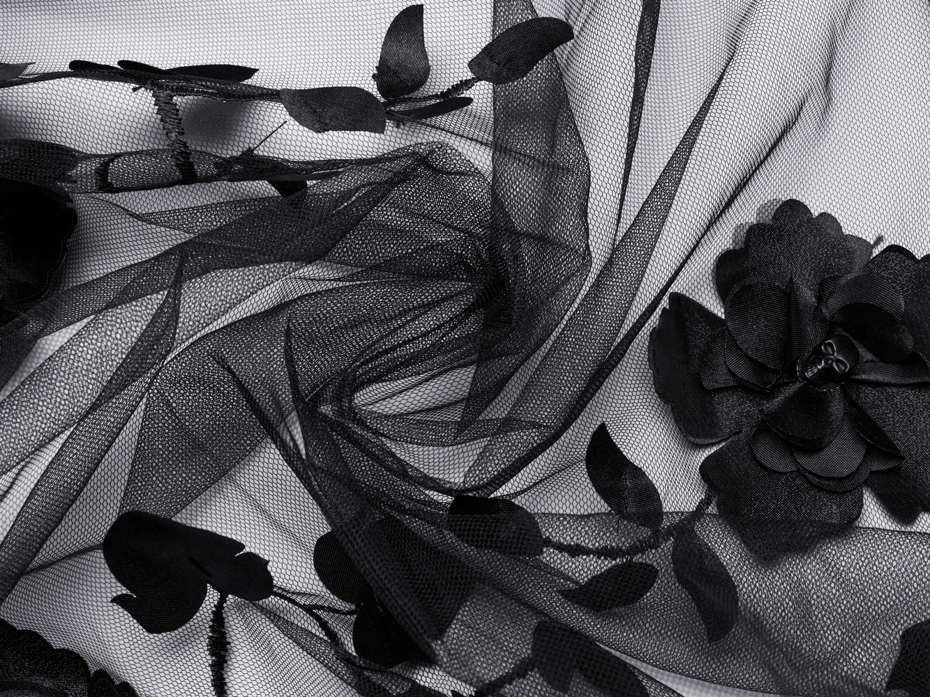 Black mesh fabric adorned with 3D floral appliques and delicate lace, perfect for a gothic-inspired look.