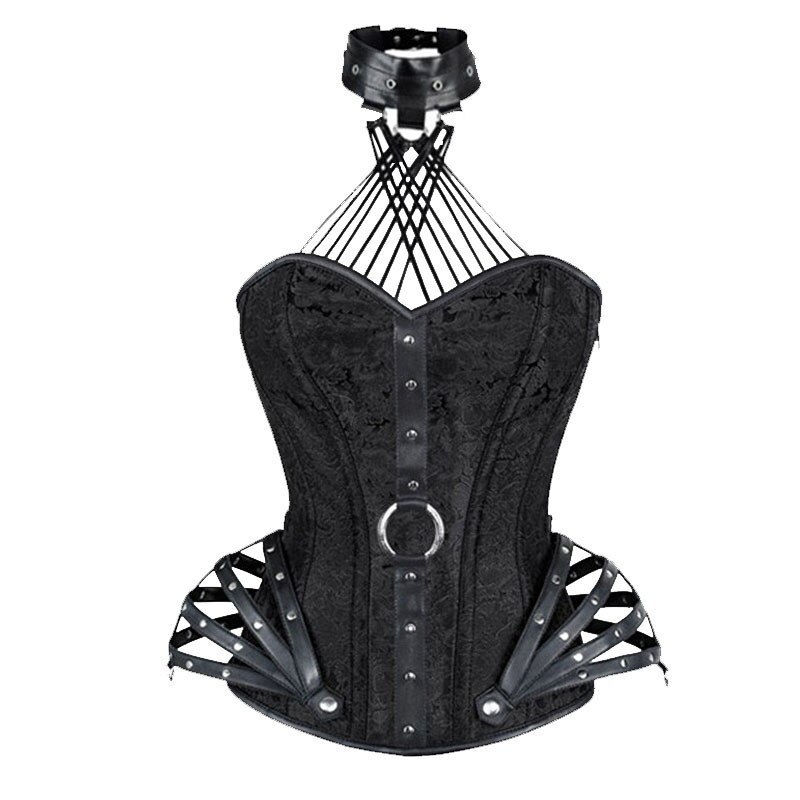 Women's gothic lace-up corset in black PU leather with decorative collar and stylish detailing.