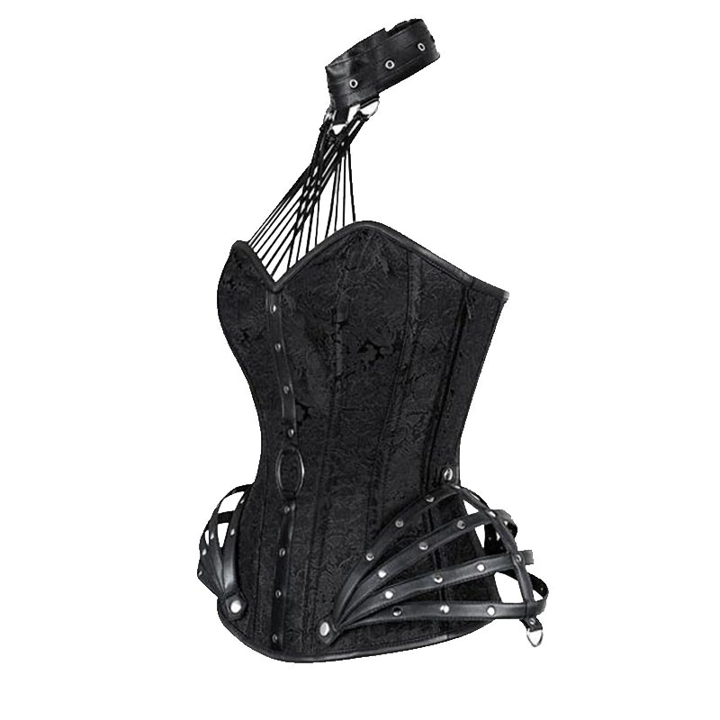 Women's gothic lace-up corset in black PU leather with stylish design and collar detail.