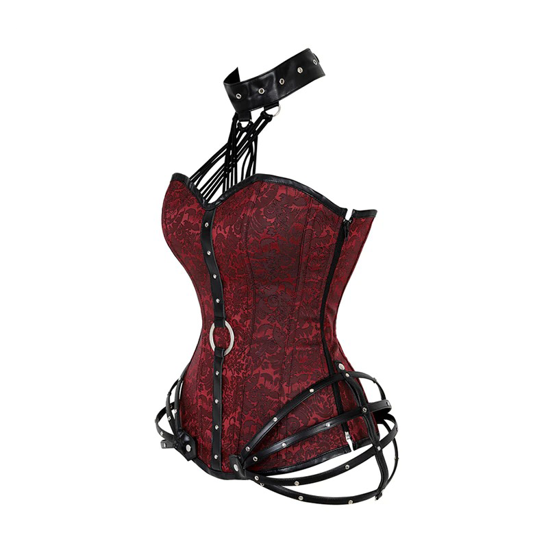 Women's gothic lace-up corset in red with black accents; stylish steampunk design with collar and decorative elements.