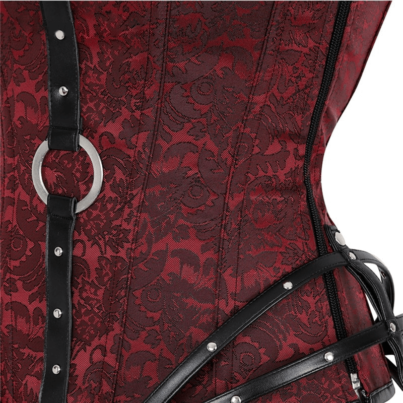 Close-up of women's gothic aesthetic corset featuring intricate lace pattern and stylish black straps.