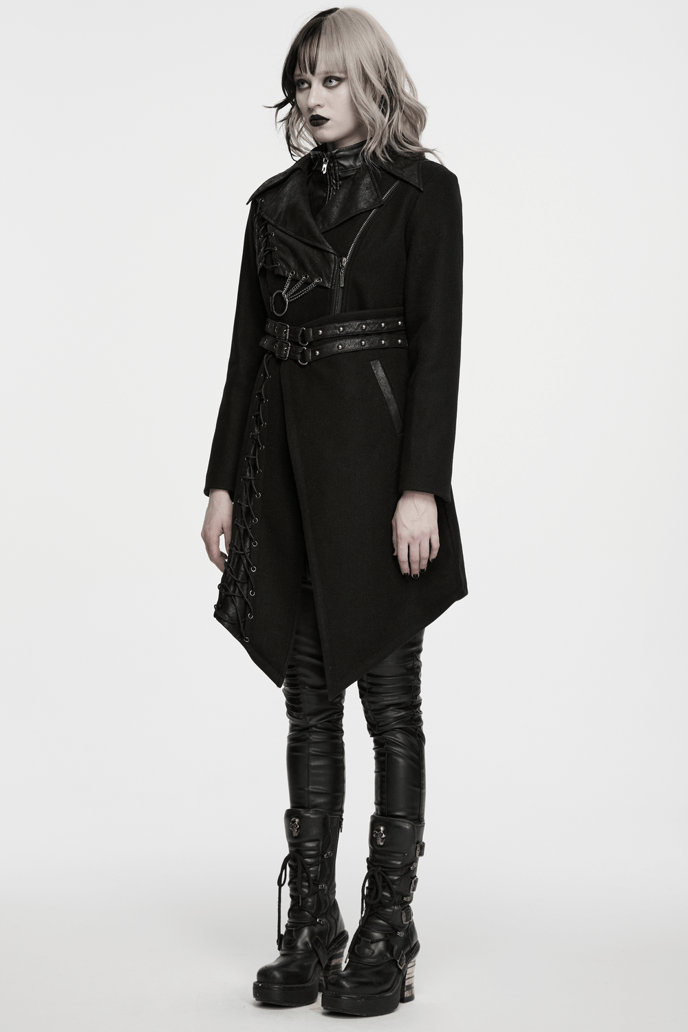 Women's Gothic Asymmetrical Coat with Buckle Details worn by a model showcasing its edgy punk style.