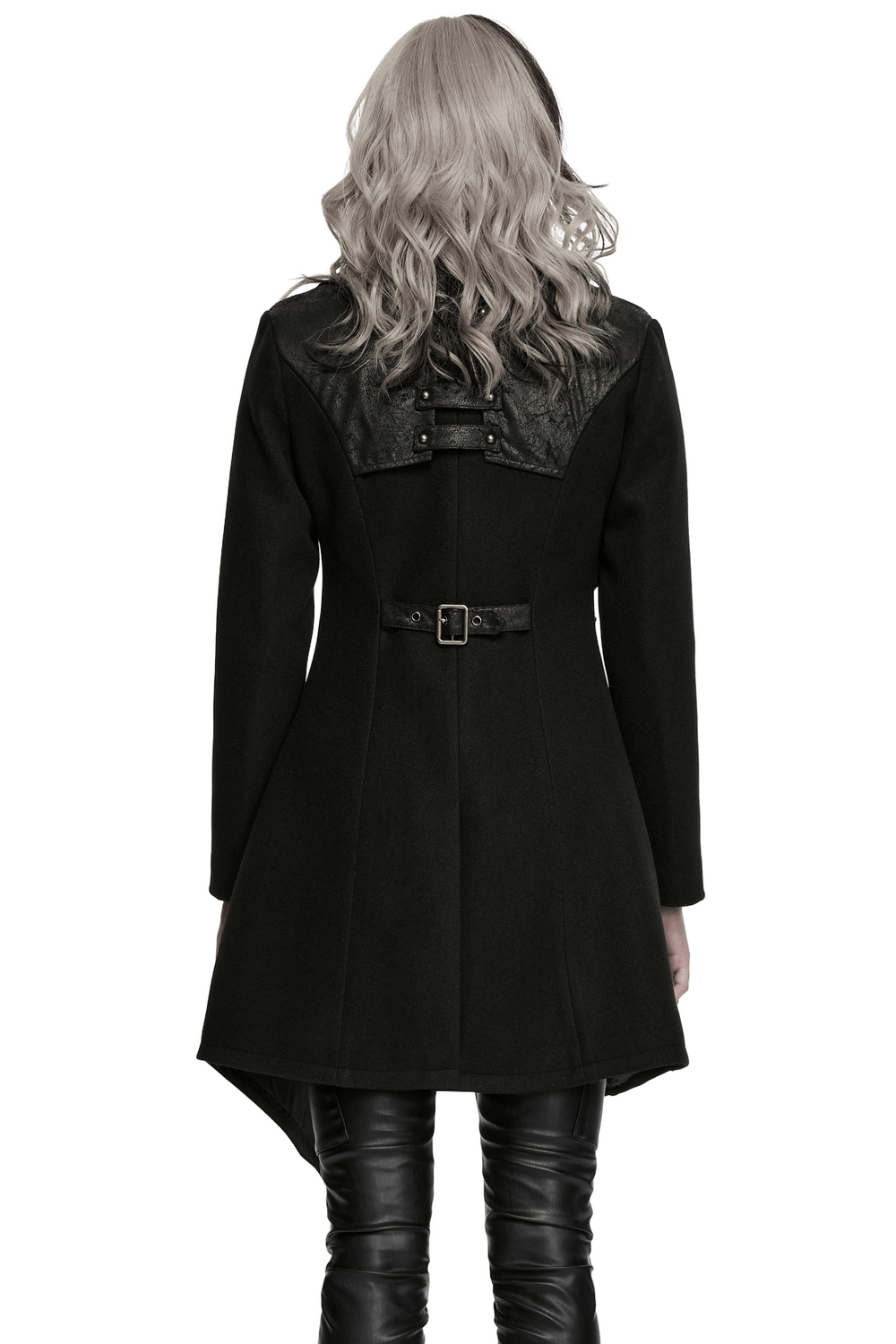 Women's Gothic Asymmetrical Coat with Buckle Details shown from the back, highlighting faux leather panels and belt.