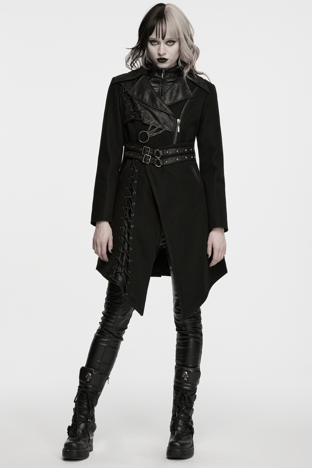 Women's Gothic Asymmetrical Coat with Buckle Details showcasing a punk design with lace-up panels and belts.