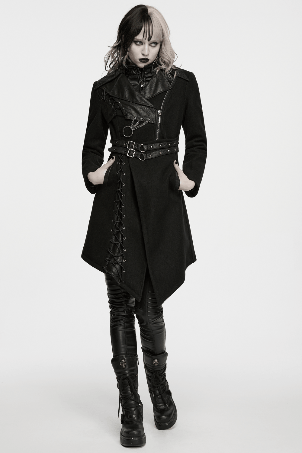 Women's Gothic Asymmetrical Coat with Buckle Details showcasing a punk design and lace-up panels.