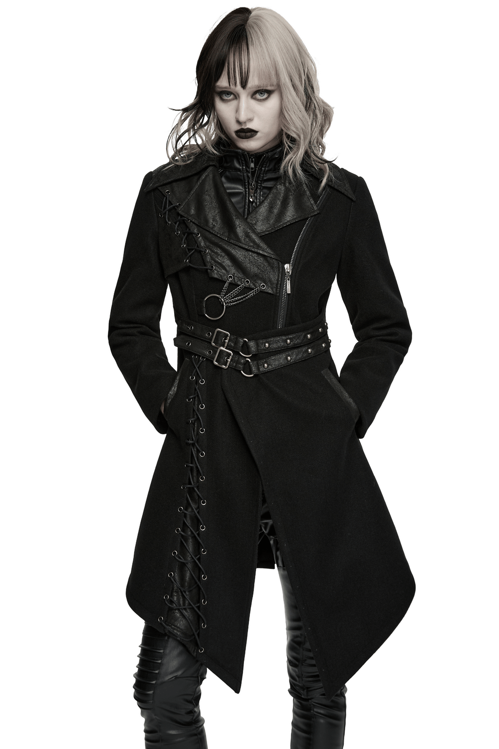 Women's Gothic Asymmetrical Coat with Buckle Details featuring lace-up panels and a fitted belted waist.