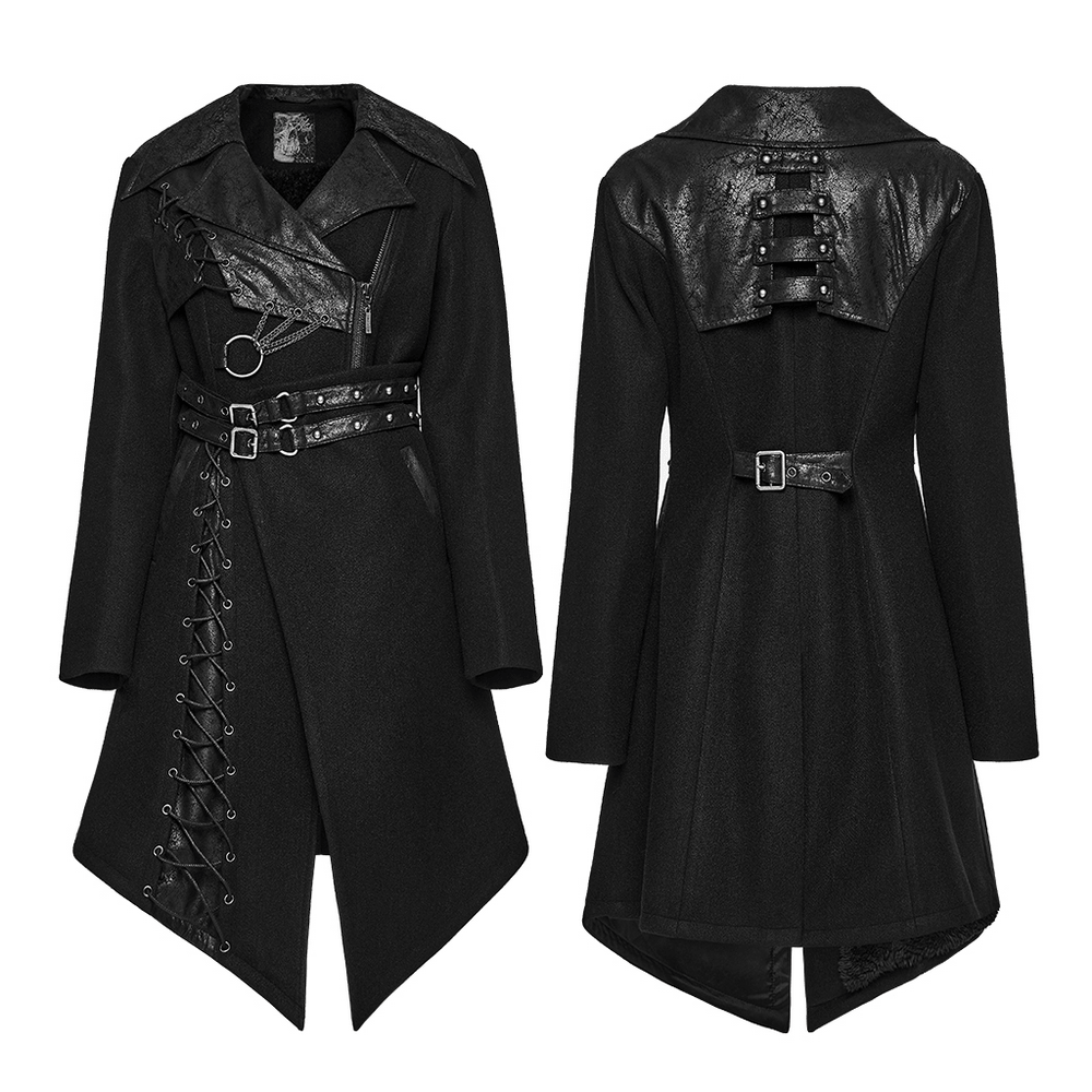 Women's Gothic Asymmetrical Coat with Buckle Details showcasing faux leather and lace-up panels in stunning black.