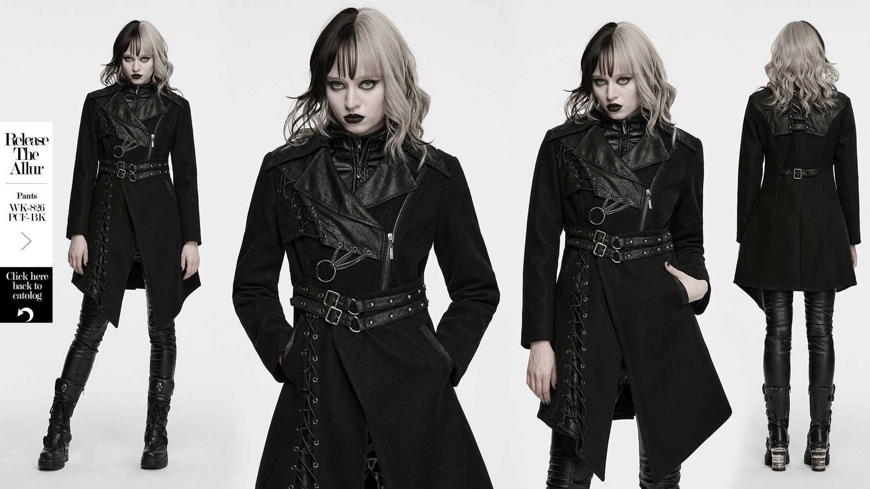 Women's Gothic Asymmetrical Coat with Buckle Details showcased in a striking punk style with lace-up panels and belts.