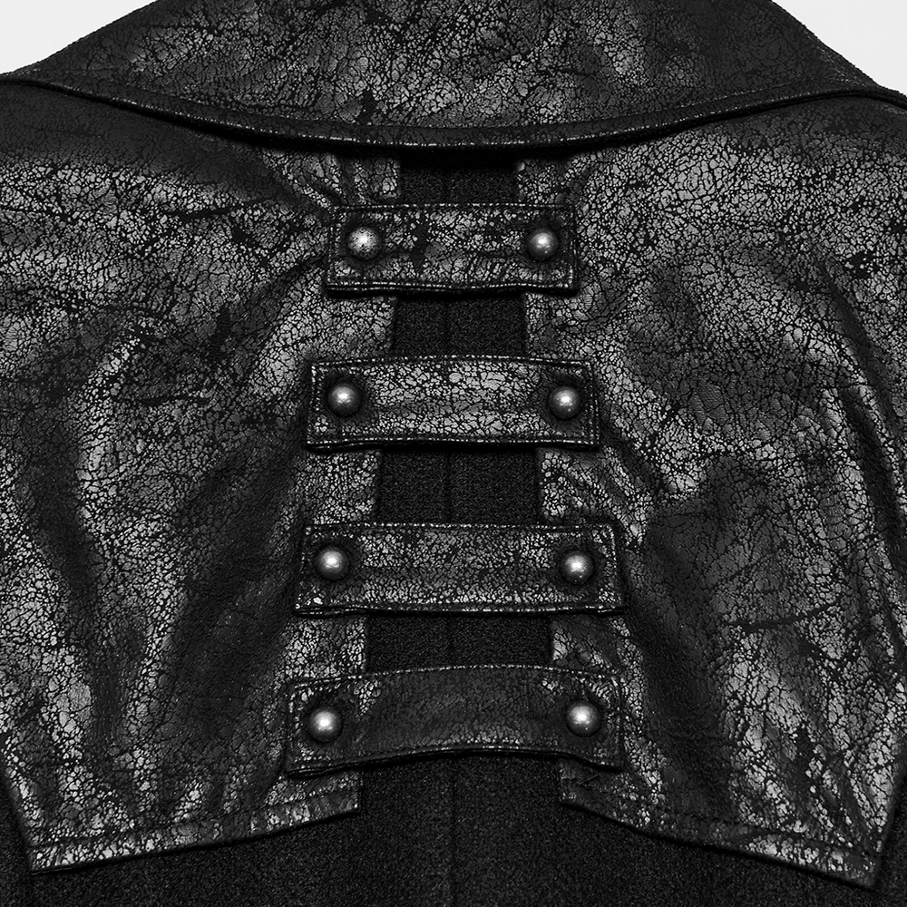 Detail of Women's Gothic Asymmetrical Coat with Buckle Details featuring faux leather and metal eyelets.