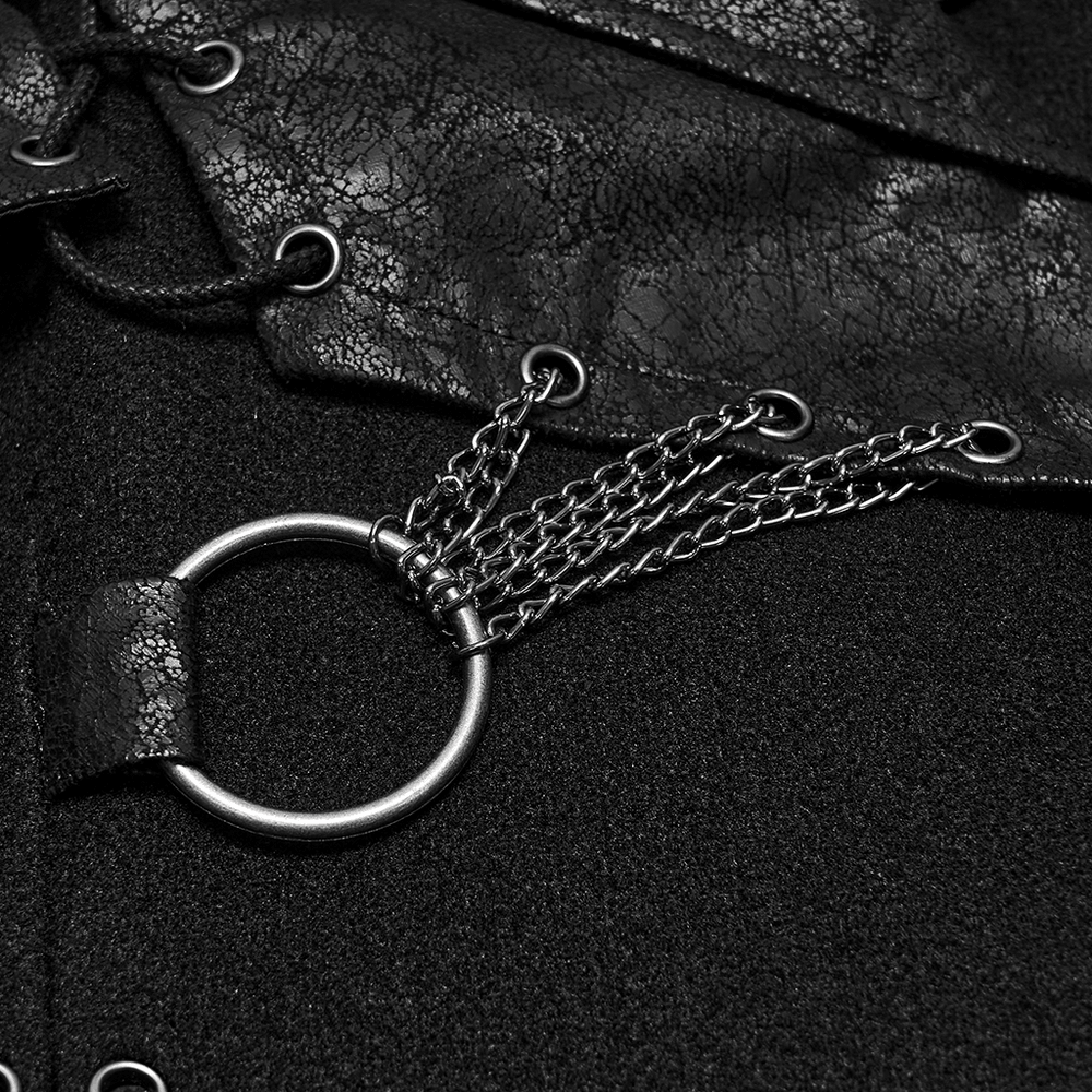 Close-up of buckle detail and chains on Women's Gothic Asymmetrical Coat with Buckle Details.