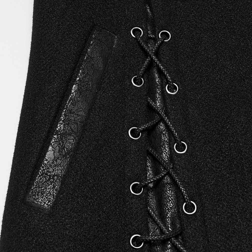Women's Gothic Asymmetrical Coat with Buckle Details showcasing lace-up panels and faux leather accents.
