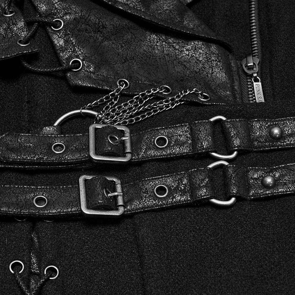 Close-up of Women's Gothic Asymmetrical Coat with Buckle Details showcasing buckle and lace-up features.