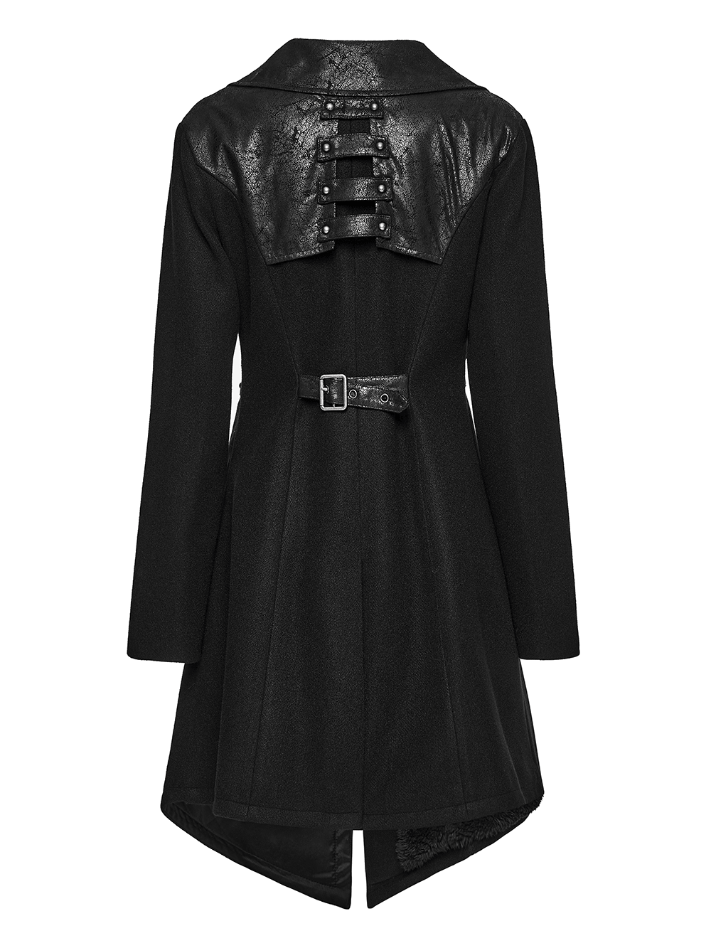 Women's Gothic Asymmetrical Coat with Buckle Details showcasing stylish back and buckle accents.