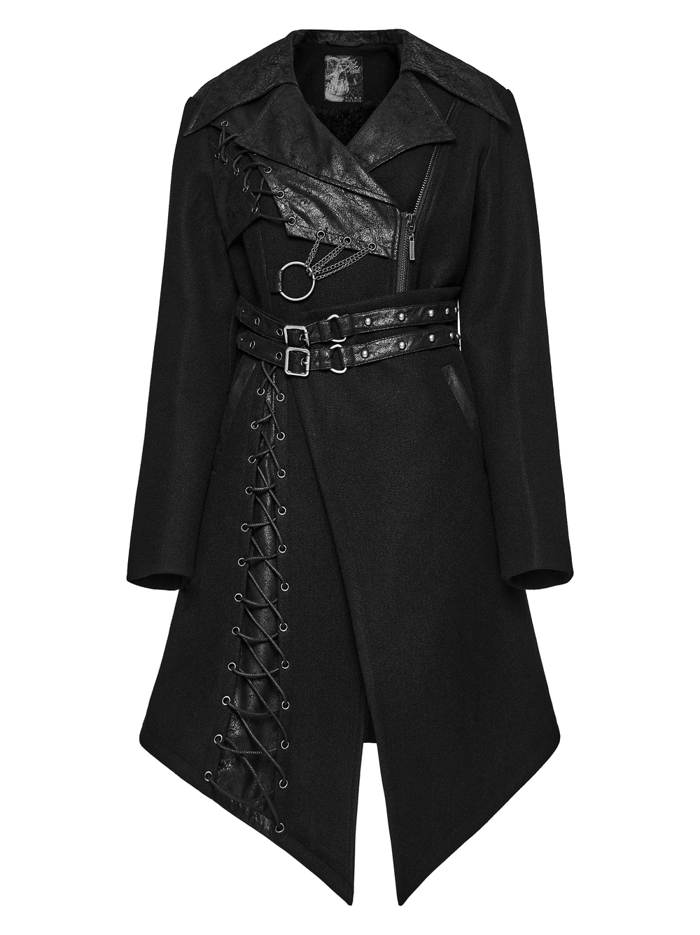 Women's Gothic Asymmetrical Coat with Buckle Details featuring lace-up panels and an edgy design.